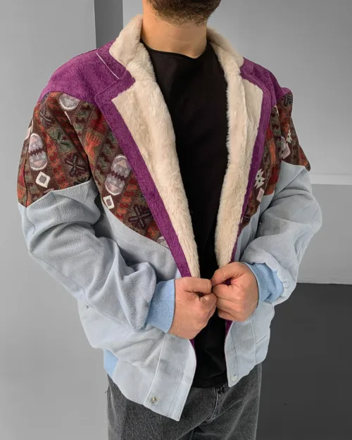 Aztek Yakası Kürklü Eskitme Retro Vintage Mont