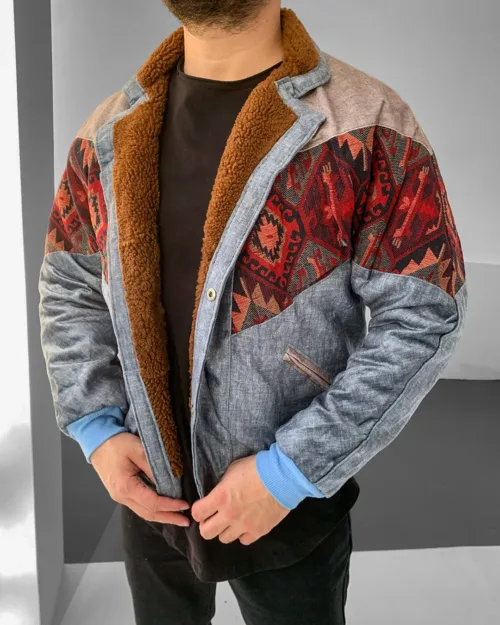 Aztek Yakası Kürklü Eskitme Retro Vintage Mont