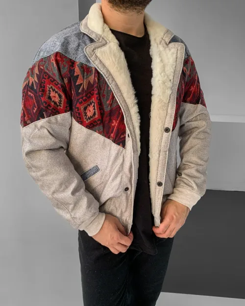 Aztek Yakası Kürklü Eskitme Retro Vintage Mont