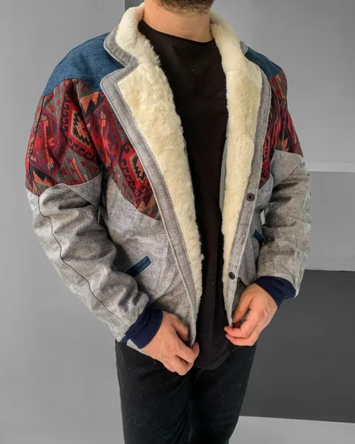 Aztek Yakası Kürklü Eskitme Retro Vintage Mont