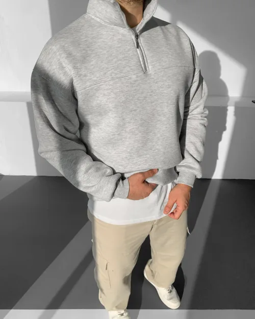 Gri Yarım Fermuarlı Premium 3 İplik Şardonlu Sweatshirt