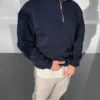 Lacivert Yarım Fermuarlı Premium 3 İplik Şardonlu Sweatshirt