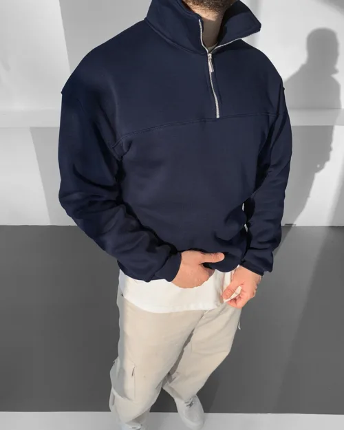 Lacivert Yarım Fermuarlı Premium 3 İplik Şardonlu Sweatshirt