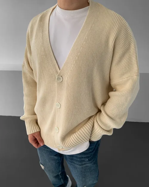 Bej Düğmeli Oversize Triko Örme Hırka