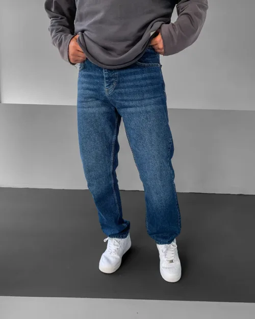 Koyu Mavi Taşlamalı Yıkamalı Baggy Jean Pantolon