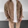 Kahverengi Fitilli Oversize Kadife Gömlek