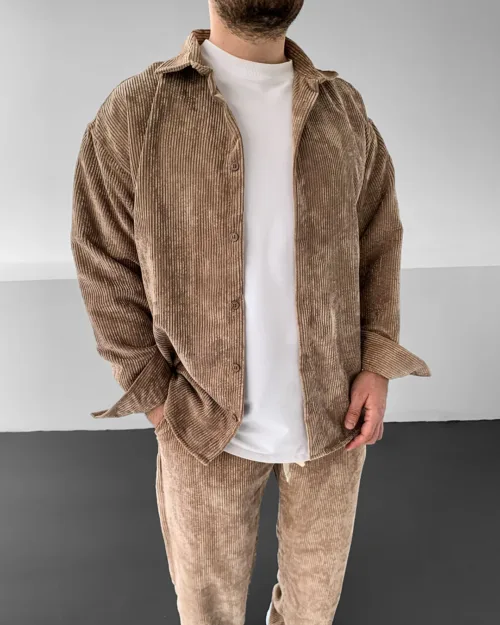 Kahverengi Fitilli Oversize Kadife Gömlek