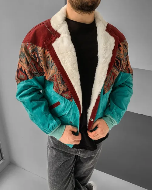 Etnik Desen Yakası Kürklü Aztek Vintage Mont