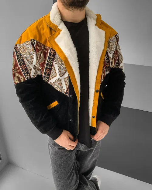 Etnik Desen Yakası Kürklü Aztek Vintage Mont