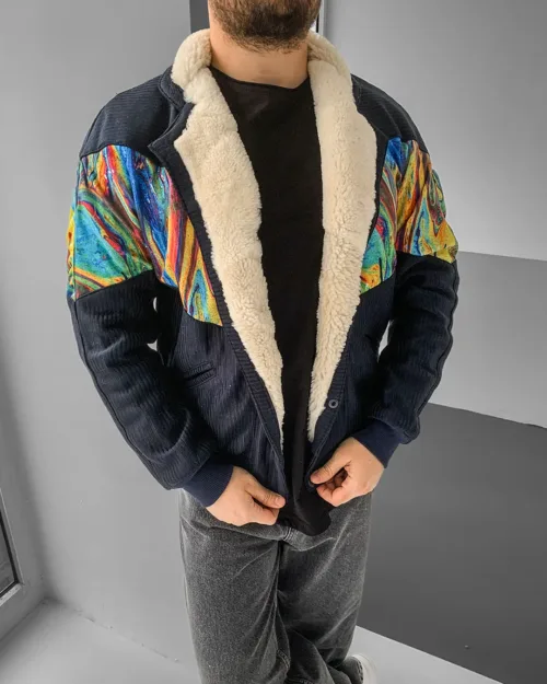 Aztek Yakası Kürklü Eskitme Retro Vintage Mont