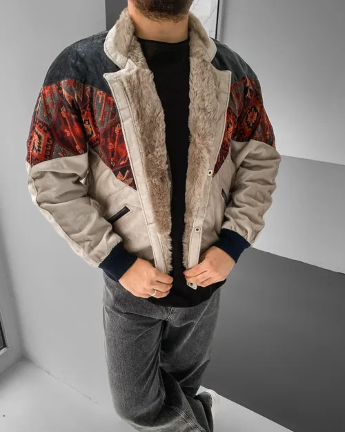 Aztek Yakası Kürklü Eskitme Retro Vintage Mont