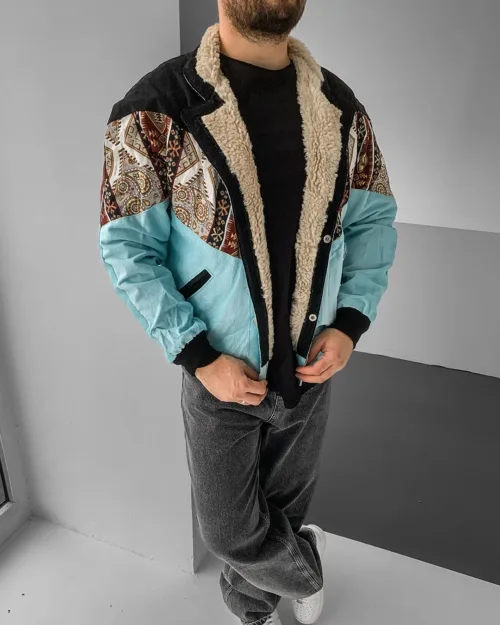 Aztek Yakası Kürklü Eskitme Retro Vintage Mont