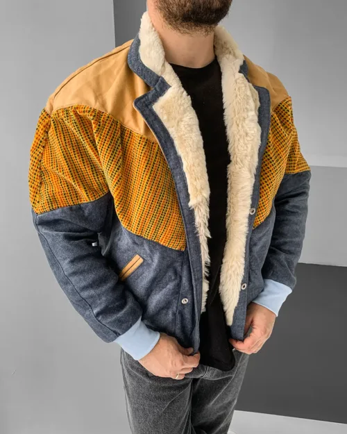 Aztek Yakası Kürklü Eskitme Retro Vintage Mont