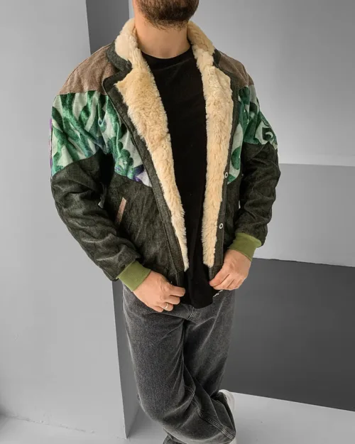 Aztek Yakası Kürklü Eskitme Retro Vintage Mont