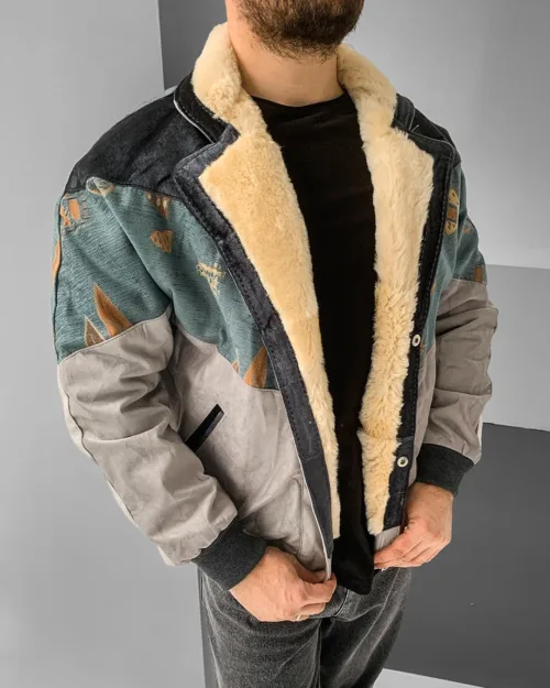 Aztek Yakası Kürklü Eskitme Retro Vintage Mont