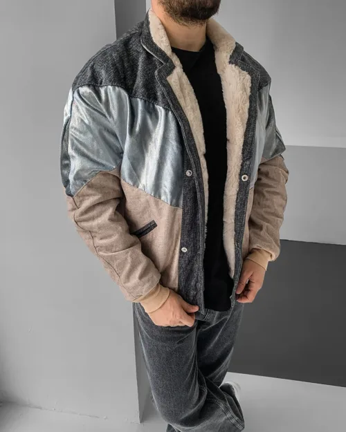 Aztek Yakası Kürklü Eskitme Retro Vintage Mont