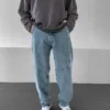 Mavi Taşlamalı Dikişli Baggy Jean Pantolon