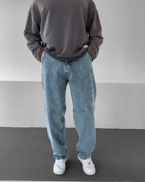 Mavi Taşlamalı Dikişli Baggy Jean Pantolon