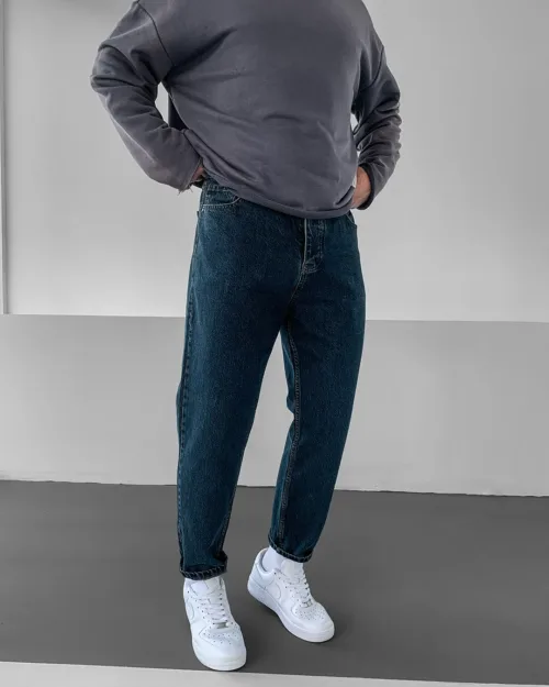 Petrol Mavisi Taşlamalı Boyfriend Jean Pantolon