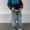 Gri Taşlamalı Eskitmeli Dikişli Baggy Jean Pantolon