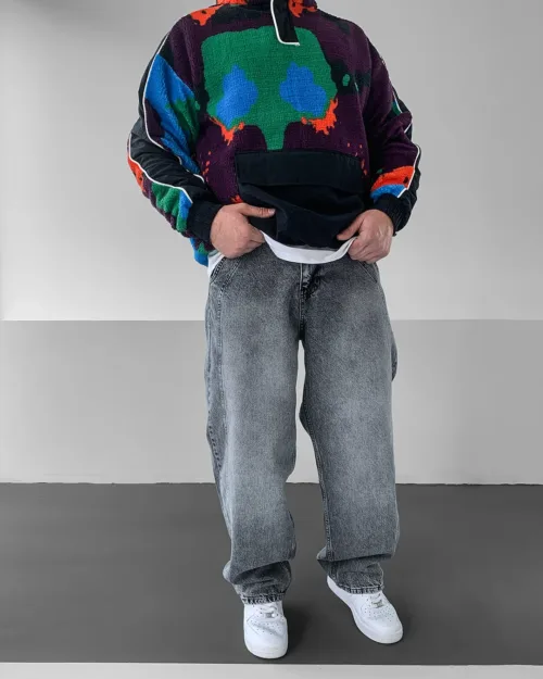 Gri Taşlamalı Eskitmeli Dikişli Baggy Jean Pantolon
