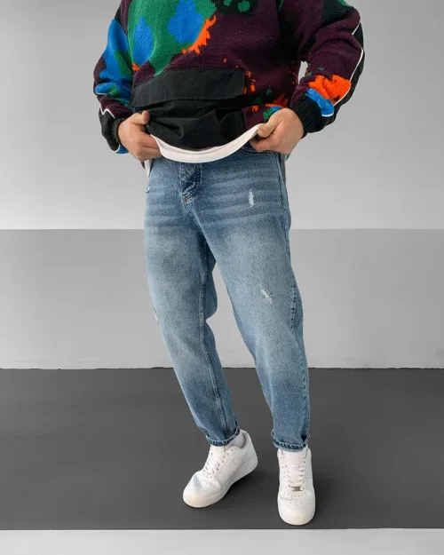 Mavi Eskitmeli Taşlamalı Yırtıklı Boyfriend Jean Pantolon