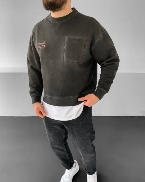 Antrasit Premium Oversize Bisiklet Yaka Cep Detaylı Sweatshirt