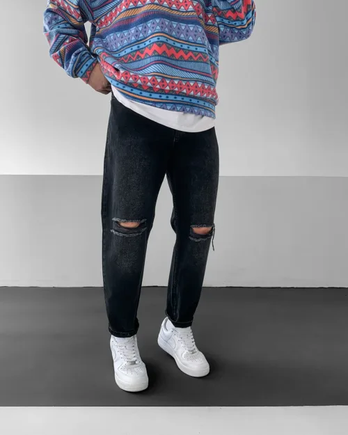 Antrasit Dizi Yırtık Yıkamalı Boyfriend Jean Pantolon