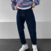 Lacivert Taşlamalı Basic Boyfriend Jean Pantolon