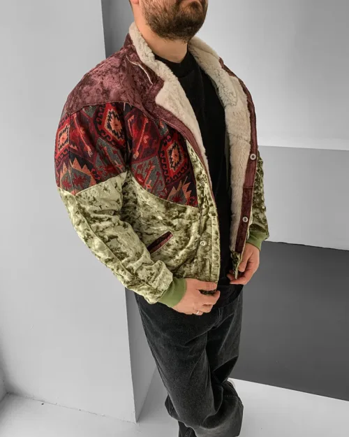 Aztek Yakası Kürklü Eskitme Retro Vintage Mont