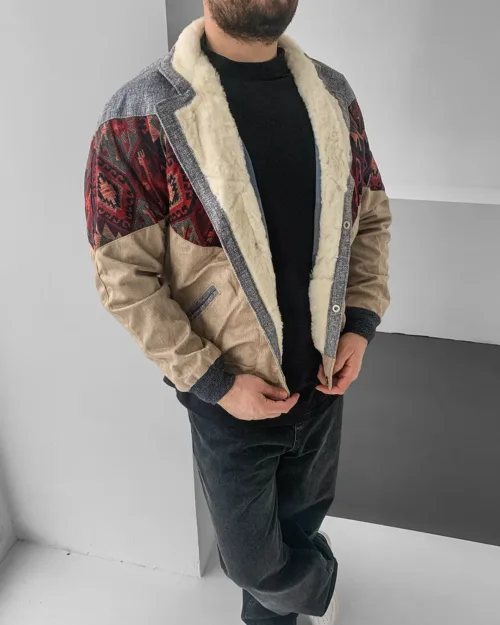 Aztek Yakası Kürklü Eskitme Retro Vintage Mont