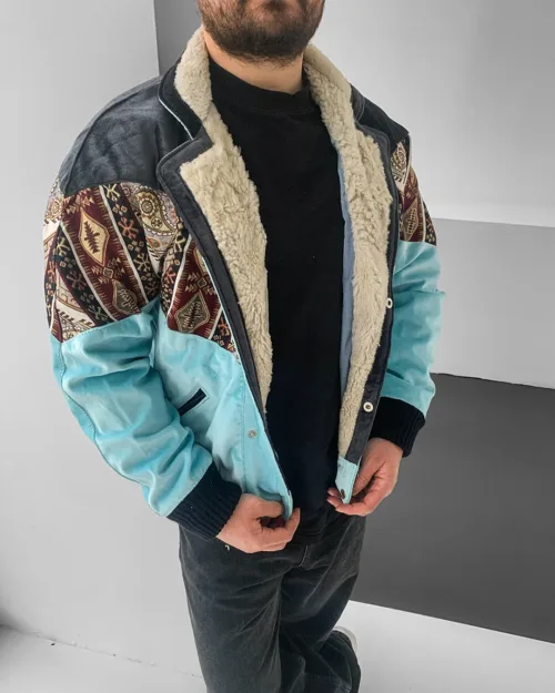 Aztek Yakası Kürklü Eskitme Retro Vintage Mont