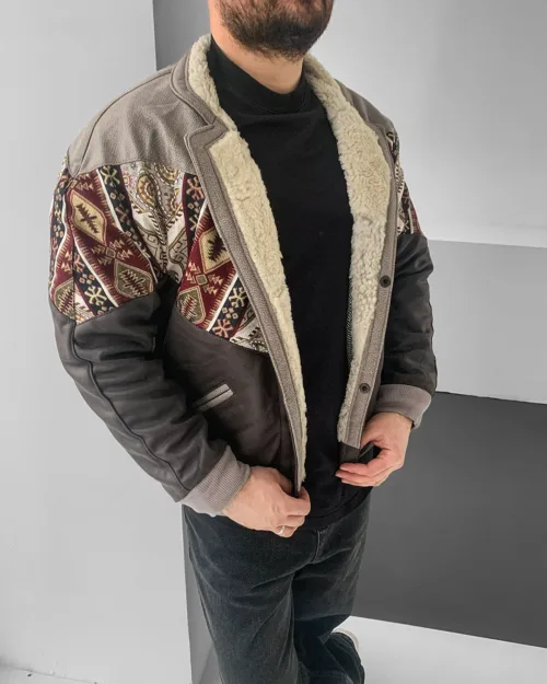 Aztek Yakası Kürklü Eskitme Retro Vintage Mont