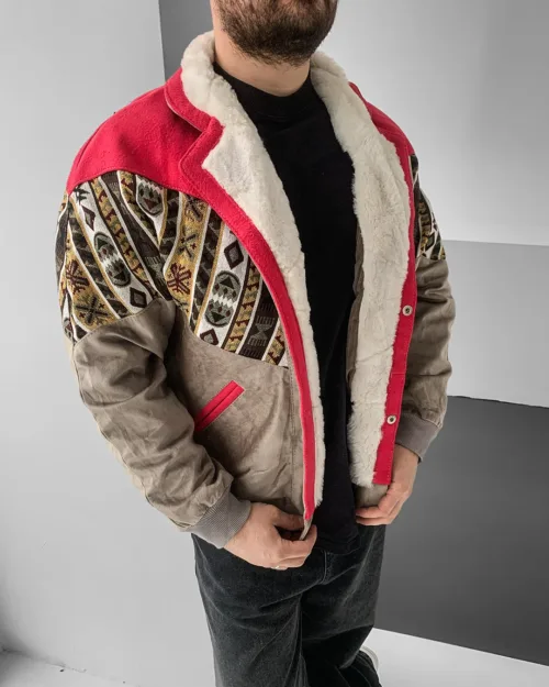 Aztek Yakası Kürklü Eskitme Retro Vintage Mont