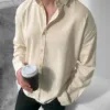 Krem Oversize Krinkıl Keten Gömlek