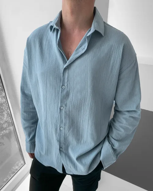Su Yeşili Oversize Krinkıl Keten Gömlek