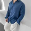 İndigo Müslin Keten Uzun Kol Oversize Gömlek