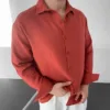 Kiremit Müslin Keten Uzun Kol Oversize Gömlek