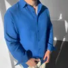 Mavi Müslin Keten Uzun Kol Oversize Gömlek