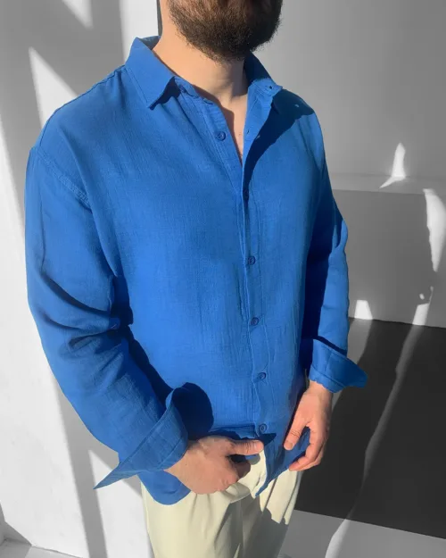 Mavi Müslin Keten Uzun Kol Oversize Gömlek