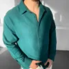 Yeşil Müslin Keten Uzun Kol Oversize Gömlek
