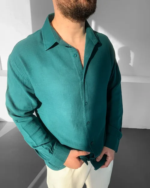 Yeşil Müslin Keten Uzun Kol Oversize Gömlek