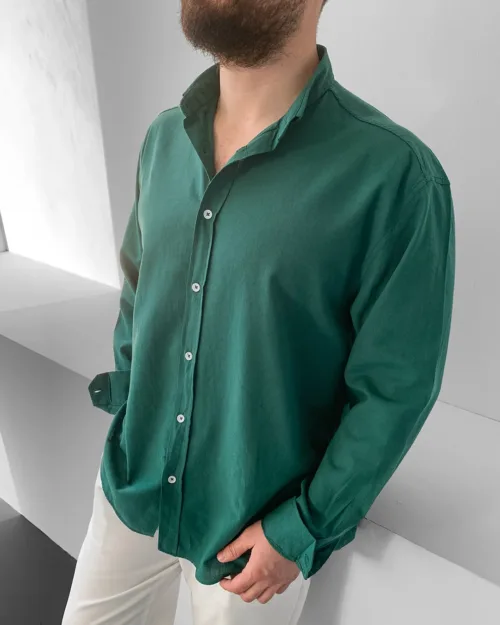 Yeşil Oversize GG Fresh Keten Uzun Kol Gömlek