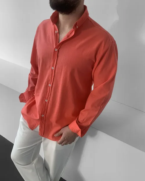 Nar Çiçeği Oversize GG Fresh Keten Uzun Kol Gömlek
