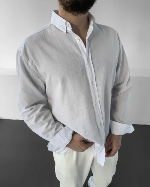 Beyaz Oversize GG Fresh Keten Uzun Kol Gömlek