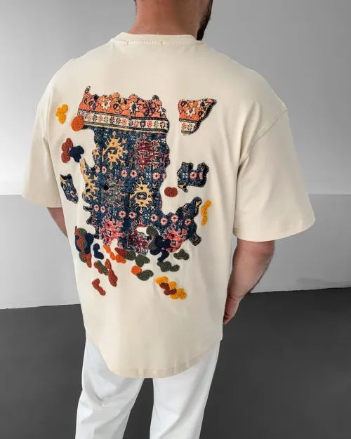 Krem Authentic Oversize Premium Kilim Desenli Tişört