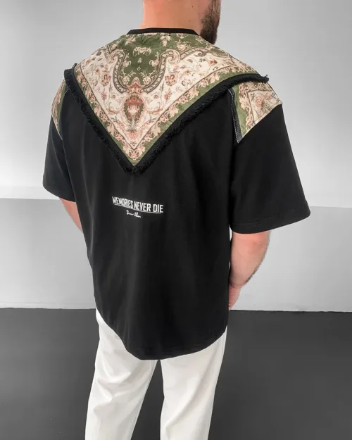 Siyah Memories Never Die Vintage Etnik Parçalı Premium Oversize T-Shirt