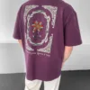 Mor Oversize Nakışlı Vintage Çiçek Desenli Premium Tişört