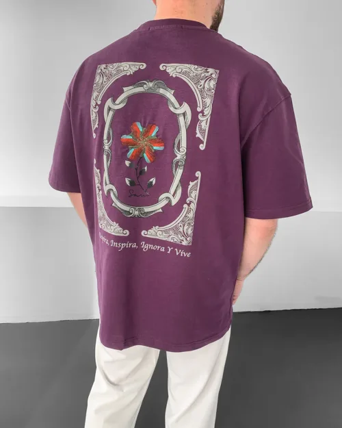 Mor Oversize Nakışlı Vintage Çiçek Desenli Premium Tişört