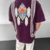 Mor Oversize Etnik Nakışlı Premium Bohem Kanaviçe Desenli Tişört